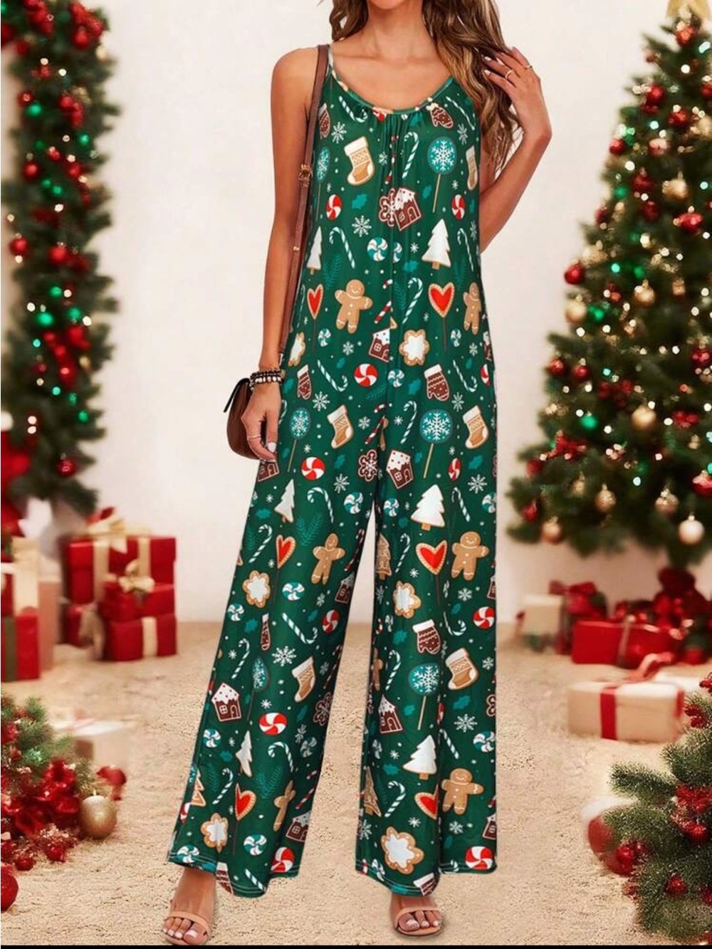 Green Holiday Gingerbread Print Spaghetti Strap Jumpsuit